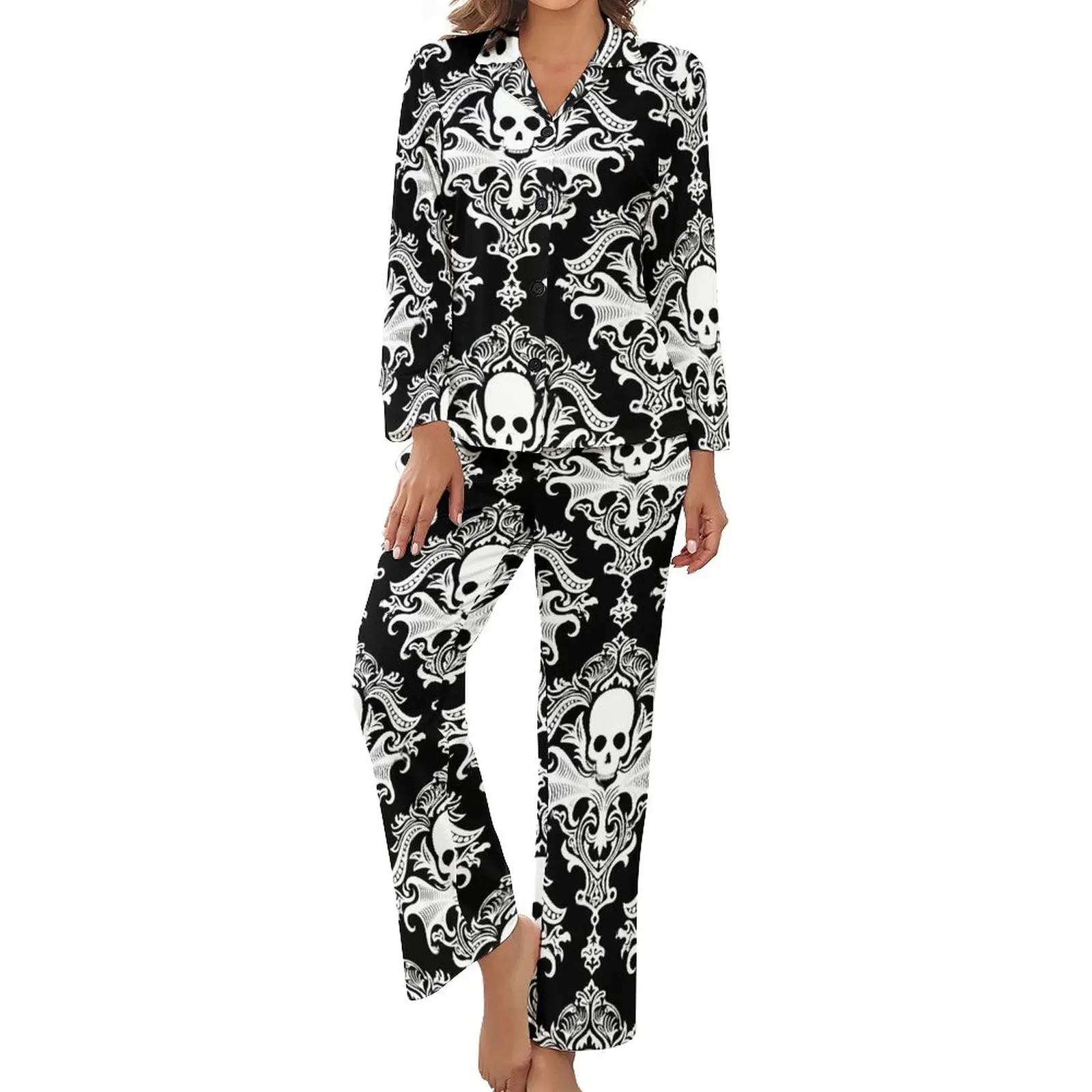Pyjama imprimé crânes gothiques pour femmes, manches longues