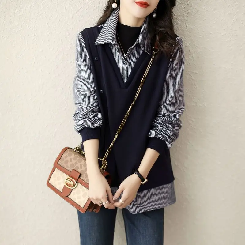 Stylish Lapel Button Spliced Fake Two Pieces Striped Blouse Women Clothing 2022 Autumn New Casual Pullovers Loose Commute Shirt