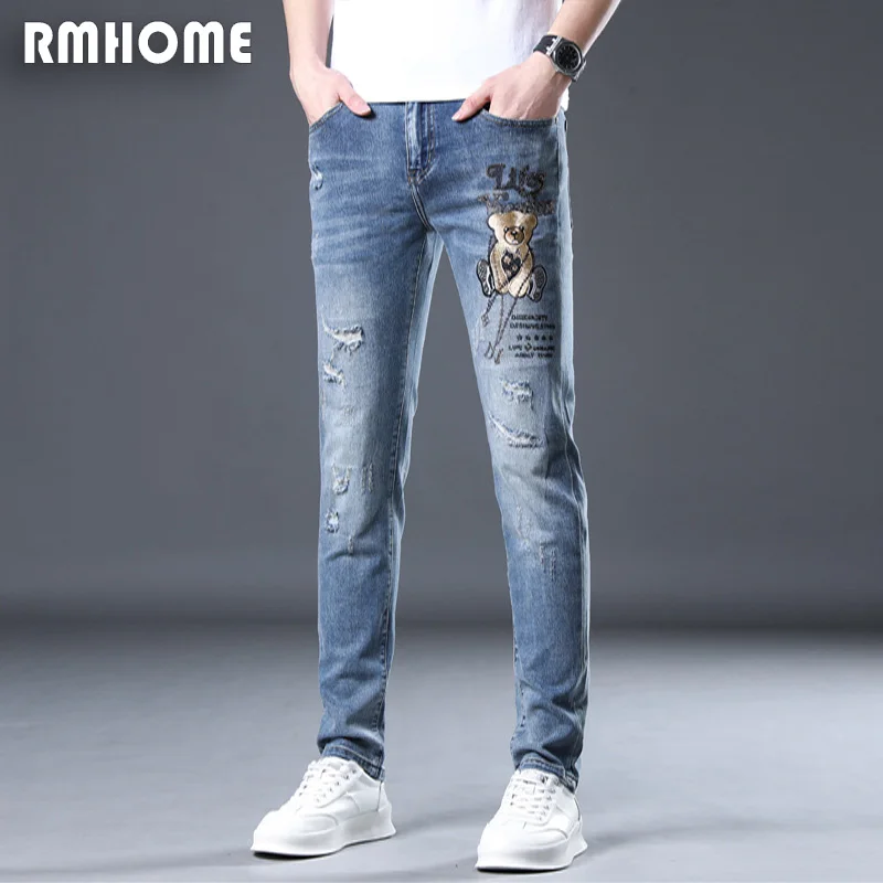 Men's Jeans Mid-rise Blue Leggings Pants Four Seasons Regular  2023 Fashion Bear Embroidery Jeans Slim Feet Trousers Clothing