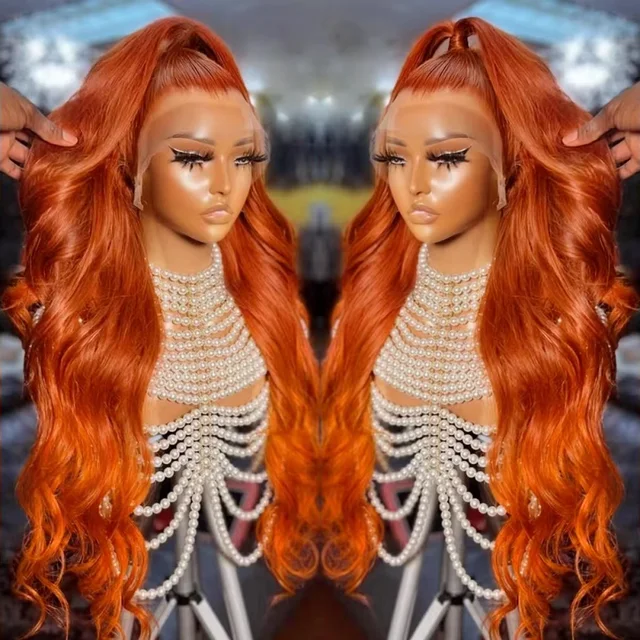 HD Orange gingembre 13x4 dentelle avant perruque cheveux humains vague de corps 13x6 Transparent dentelle avant perruque pour les femmes 350 #   Perruques de cheveux humains colorées 1