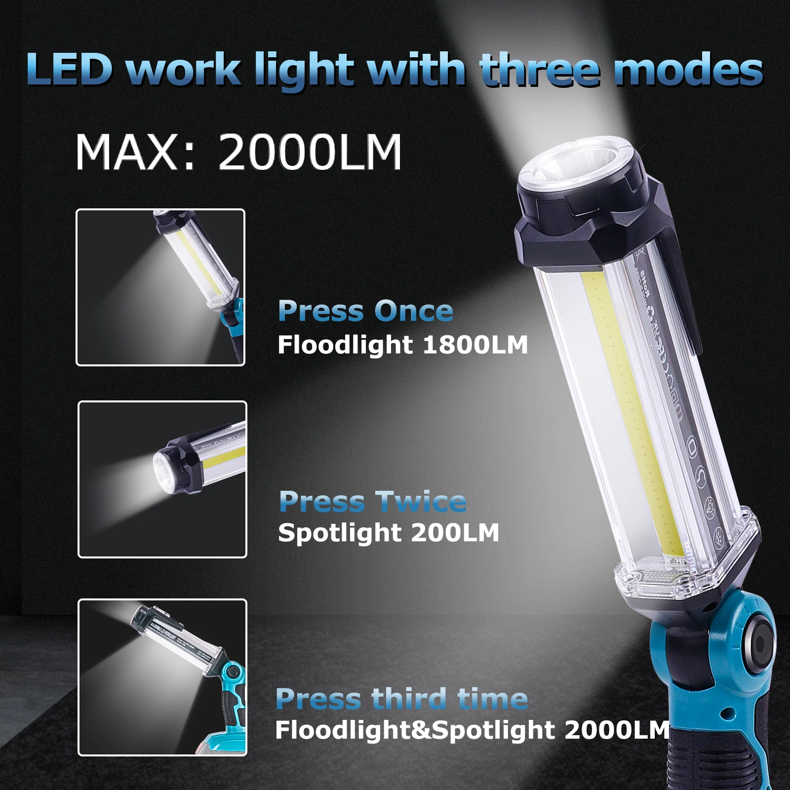 LED Work Light LED Flashlight Work Light for Bosch 14.4V-18V Lithium Battery 2000LM