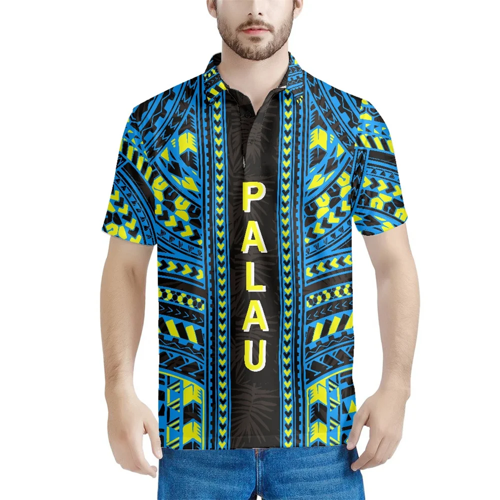 

Casual Men's Short Sleeve Shirts Polynesian Tribal Clothing Palau Islands Blue Pattern Print Custom Breathable Men's Clothing