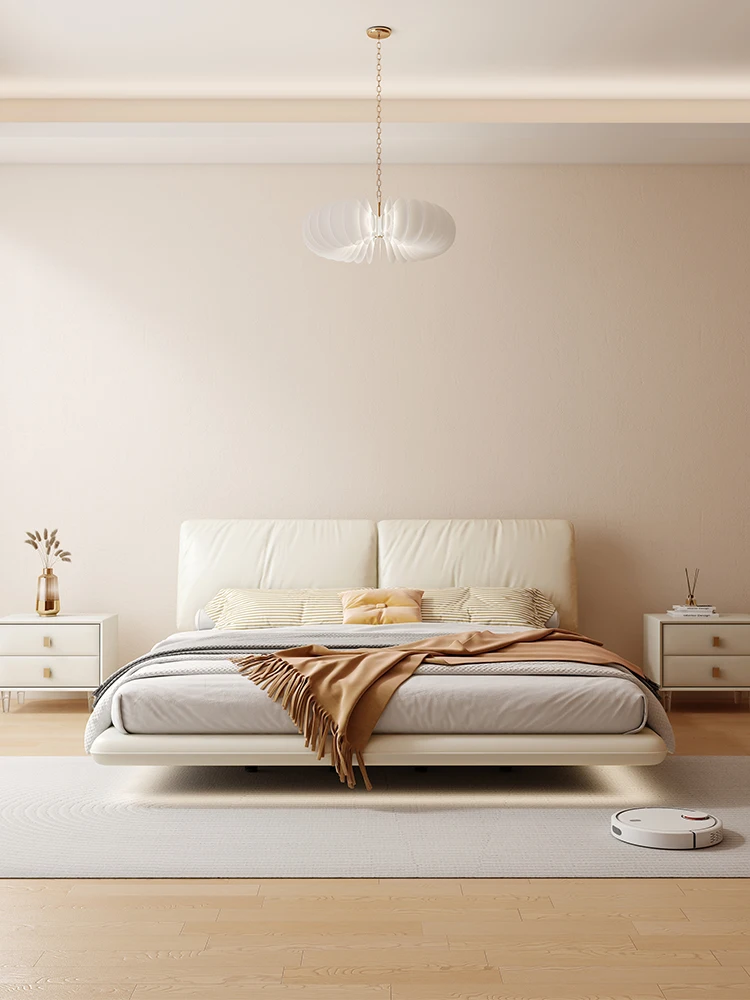 Elephant Ear master bedroom 2022 new floating bed steel frame light luxury modern solid wood Italian leather double bed