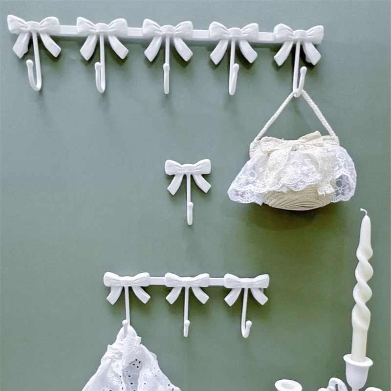 Pink Bow Wall Coat Racks Hanging Clothes Bag Long Strip Hook Entrance Door Keys Holder White Bathroom Wall Hangers Room Decor 3