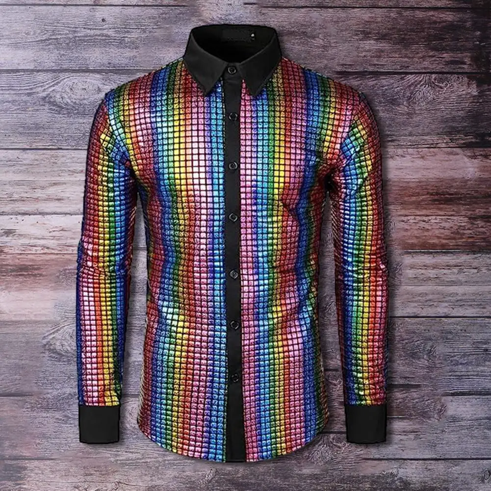 Description Picture 5 of itemMen Sequin Shirt Sequin Stand Collar Men's Shirt for Club Dance Disco Stage Performance Shiny Smooth Vintage Top with Long