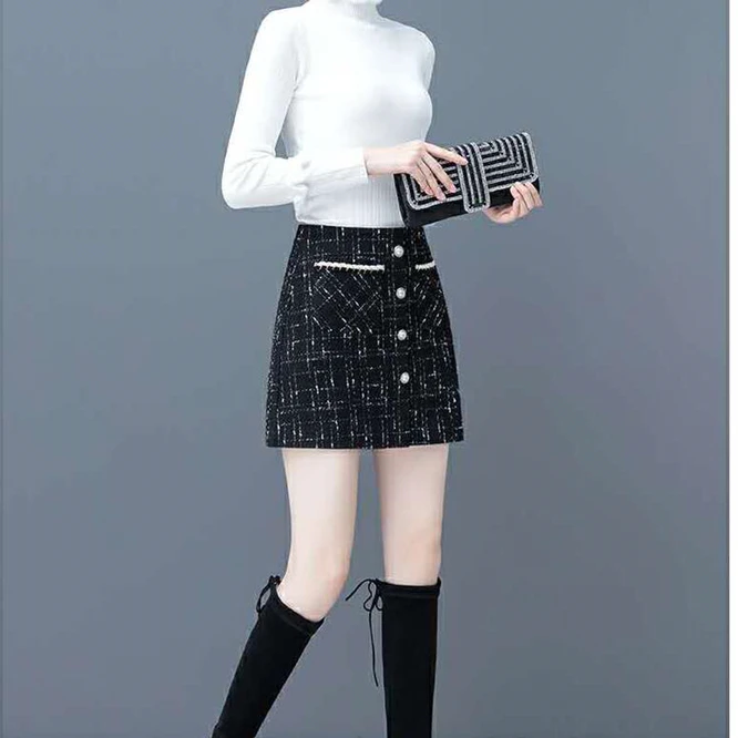 Spring Autumn New Korean Short Skirt Female High Waist Thin Wrap Hip A-shaped Lattice Skirt Girl Student Printing Fashion Black slazenger skort