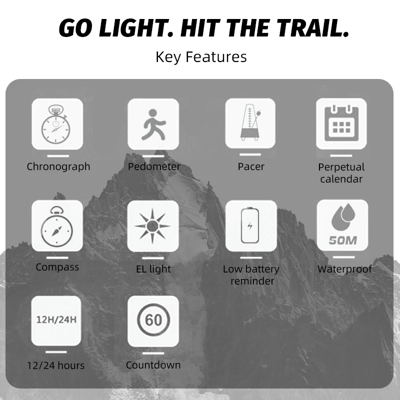 NORTH EDGE LITECORE Men's Ultra-Light Outdoor Digital Sports Watch with Compass and Pedometer, Waterproof to 50M