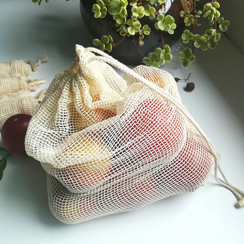 Reusable Cotton Mesh Produce Storage Bags with Drawstring for Fruits and Vegetables