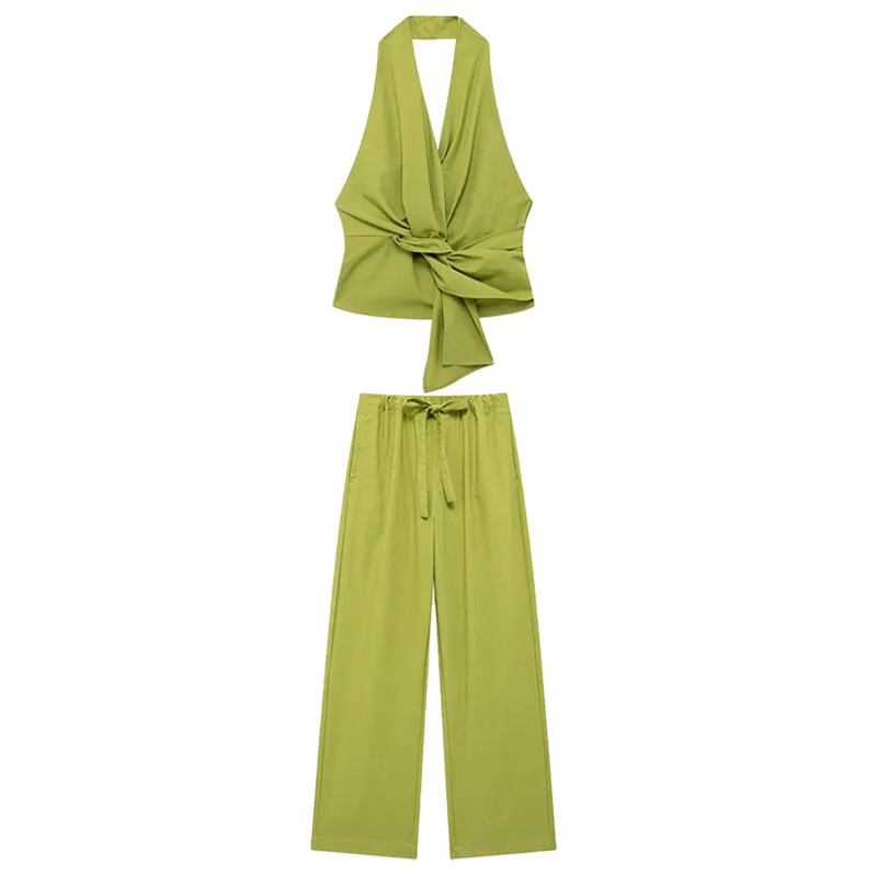 thumbnail image 1 of HH TRAF 2024 Conjuntos femeninos con escote en V, sin mangas, espalda descubierta, cremallera, blusa + cintura elástica, pantalones anchos con cordones, traje de verano para mujer a la moda, 1 of 5
