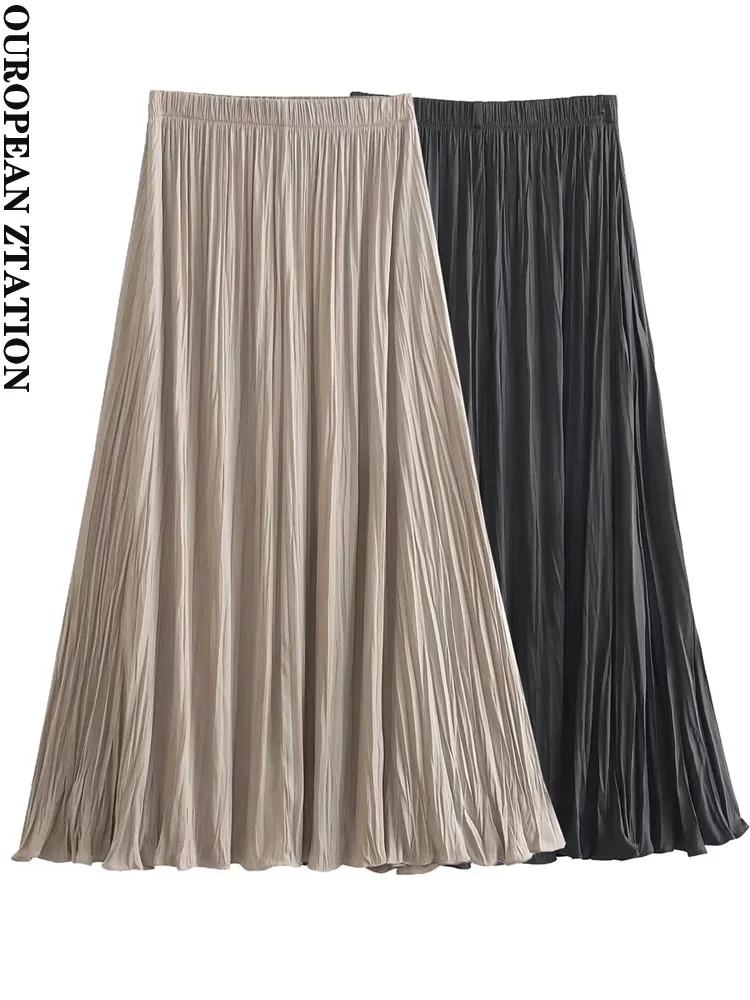 

PAILETE Women 2023 fashion pleated midi skirt vintage high elastic waist asymmetric hem female skirts mujer