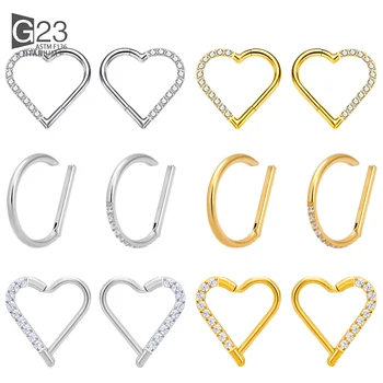 ASTM F-136 티타늄 코 링, Daith 심장 귀걸이 후프, 연골 이주 D 모양 나선 링, 경첩 세그먼트 후프, 투명 CZ