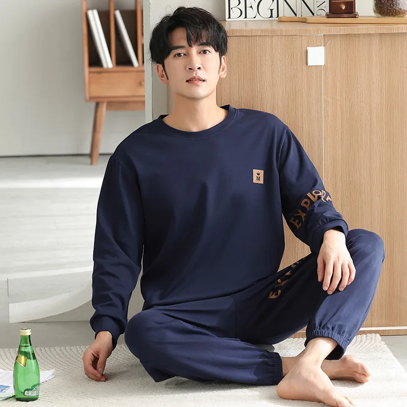 Men Autumn Winter 100% Pure Cotton Pullover Pajamas Suit Sleepwear Male Spring Plus Size Loungewear Set Gentlemen pajama sets