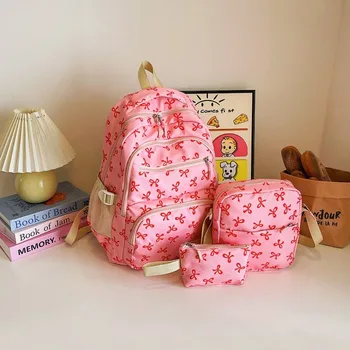 3 Pcs/Set Cute Large Capacity Bow Backpack Nylon Bow Print Student Backpack Adjustable Strap School Bag 1