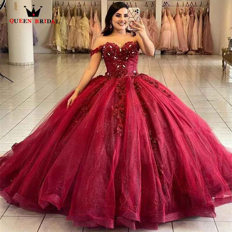 

Exquisite Sweetheart Ball Gown 3D Flowers Beaded Quinceanera Dress Off the Shoulder Princess Sweet 16 Vestidos De 15 Anos ED22