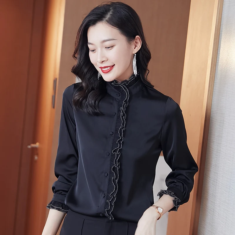 여성용 다용도 스탠딩 칼라 나무 귀 가장자리 셔츠, 긴팔, 패셔너블하고 우아한 여성 상의, 용수철 가을 신상