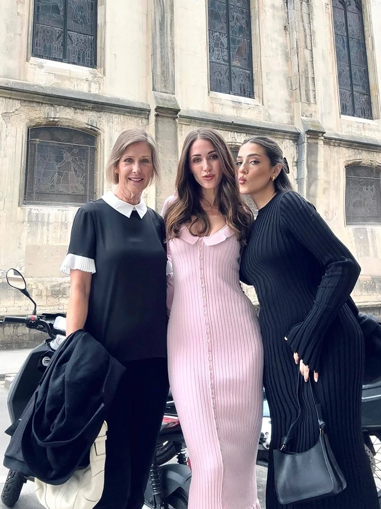 Ruffled Knit Long Dress For Women Lapel Slim High Waist Single Breasted Sweater Maxi Dress Elegant Ladies Party Dresses