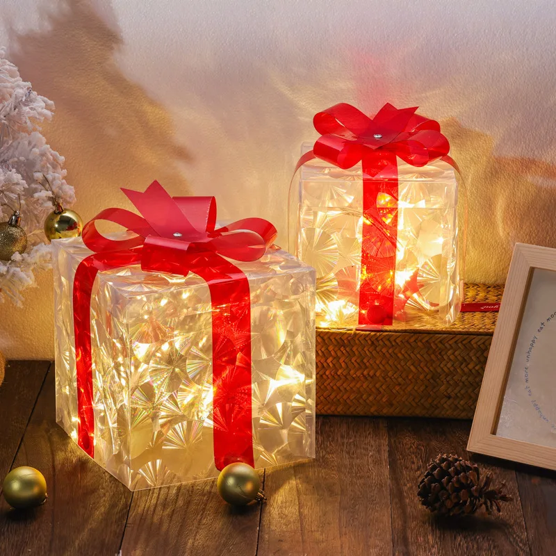 Christmas Glowing Gift Box Ornaments With Bow Warm White LED Light Box New Year Party Indoor Outdoor Home Xmas Tree Decoration