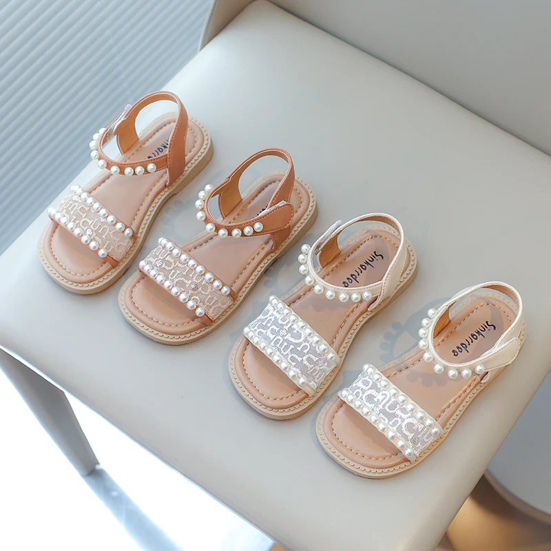 

Girls Beach Shoes Kids Summer Shoes Children Sweet Sandals with Pearls Princess Sweet Anti-slippery Open Toes Lace Chic Beading