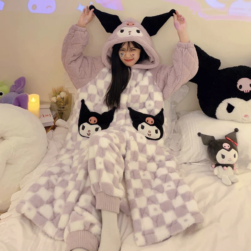 

Kawaii Kuromi My Melody Cinnamoroll Coral Fleece Three-Layer Quilted Nightgown Women Winter Anime Sanrioed Warm Home Clothes Set