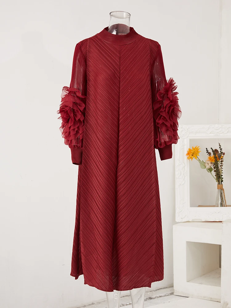 LANMREM Maxi Pleated Dress Round Neck Spliced Fungus Full Sleeve Dresses For Women 2024 New Spring Clothing 2Qa1331
