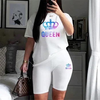 Womens Colored Queen Printing Tracksuit Fashion Casual T-Shirt +Shorts 2 Piece Set Luxury Jogging Outfit Summer Travel ShortSuit 1
