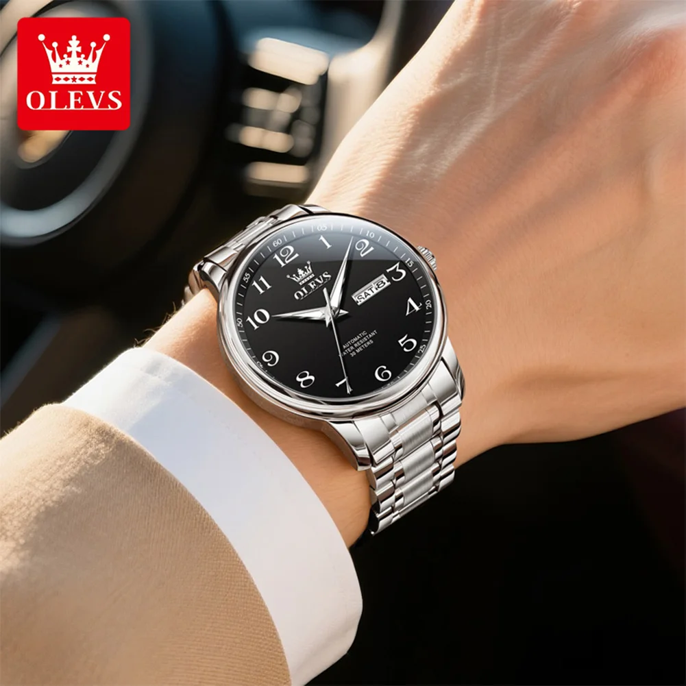 OLEVS 7072 Man Watch Classic Dual Calendar Mechanical Watch For Men Deep Waterproof Luminous Business Male Automatic Wristwatch
