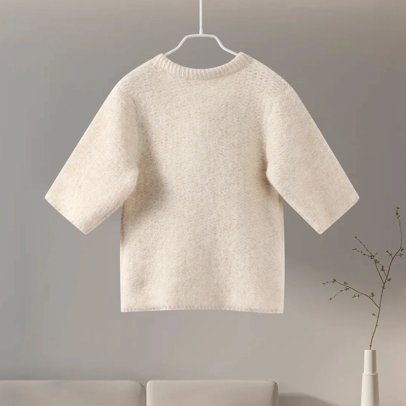 Mohair Knitted Short Sleeve Cardigan Women Lace Bow Single Breasted O-neck Slim Sweater Autumn Winter Fashion Lady Knitwear