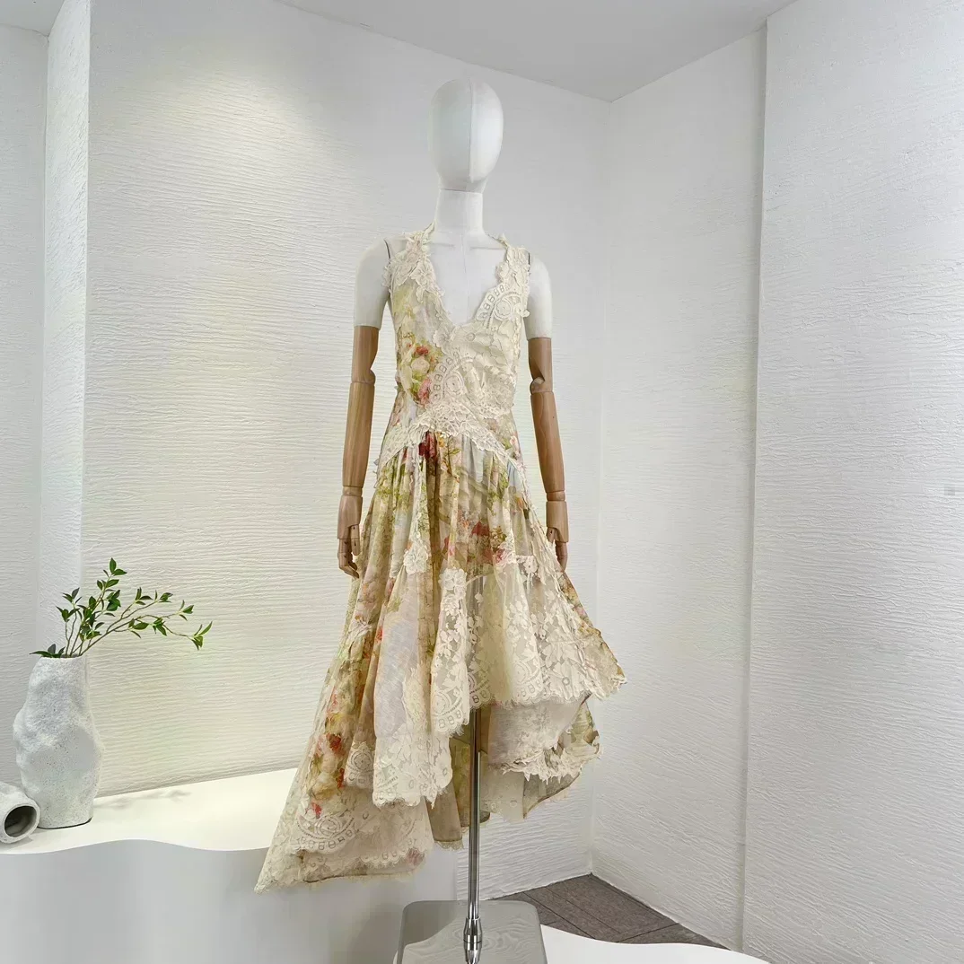 

Silk Linen 2023 New Collection Vintage Floral Print Beige Lace Patchwork Ruched Irregular Women Elegant Midi Dress for Holiday