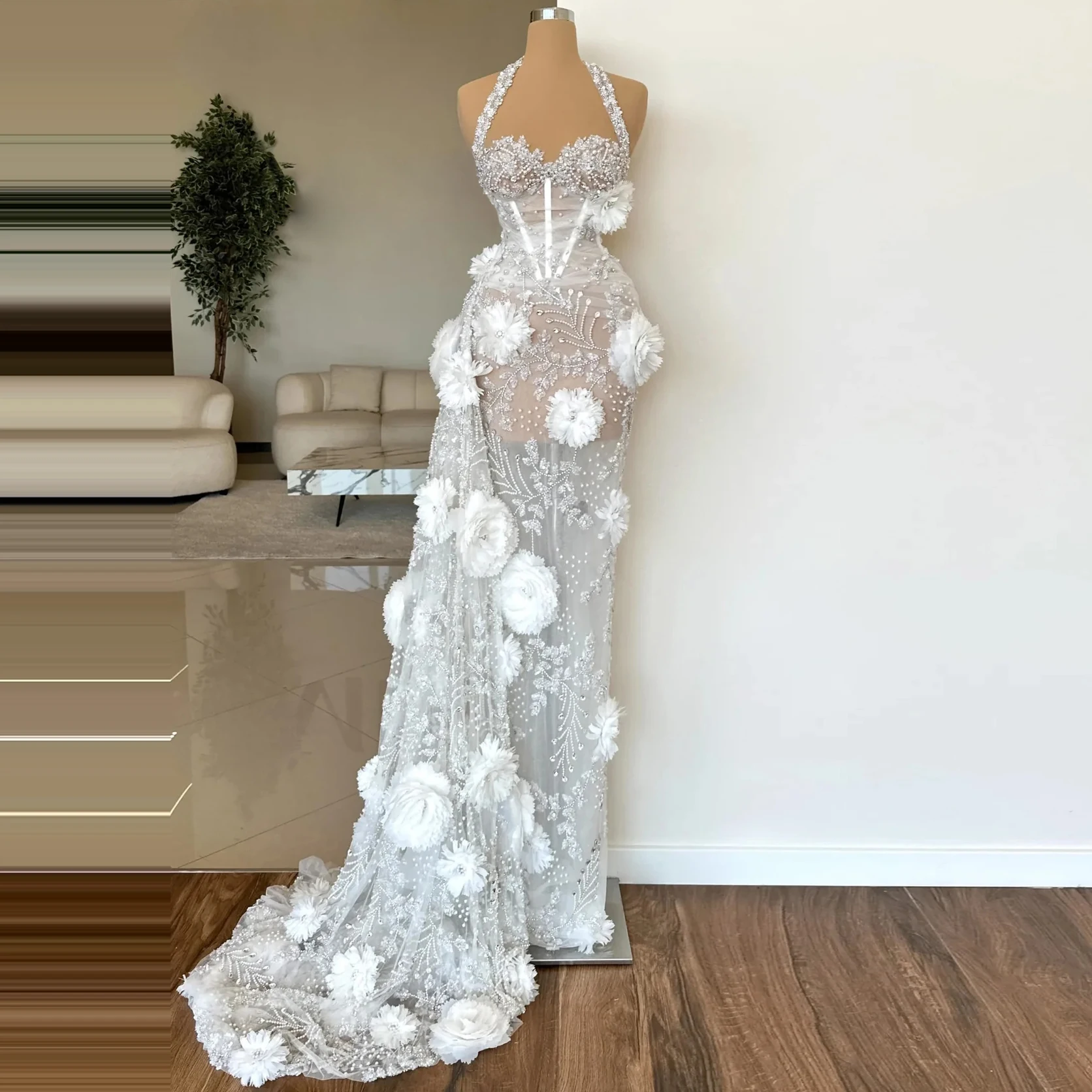 White Floral Appliques Evening Dress With Train Neck Strap Pearl  Embroidered Sheer Tulle Ethereal Long Ball Gown Prom Birthday - AliExpress  320