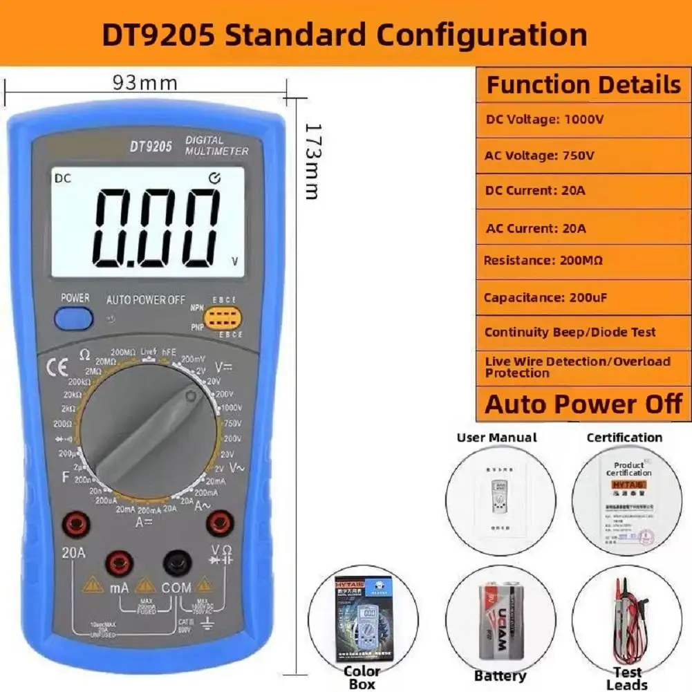 자동 범위 조정 기능이 있는 DT9205 디지털 멀티미터, 1999 카운트 LCD 디스플레이, 전압, 전류, 저항, 정전용량, 온도 측정 기능 포함