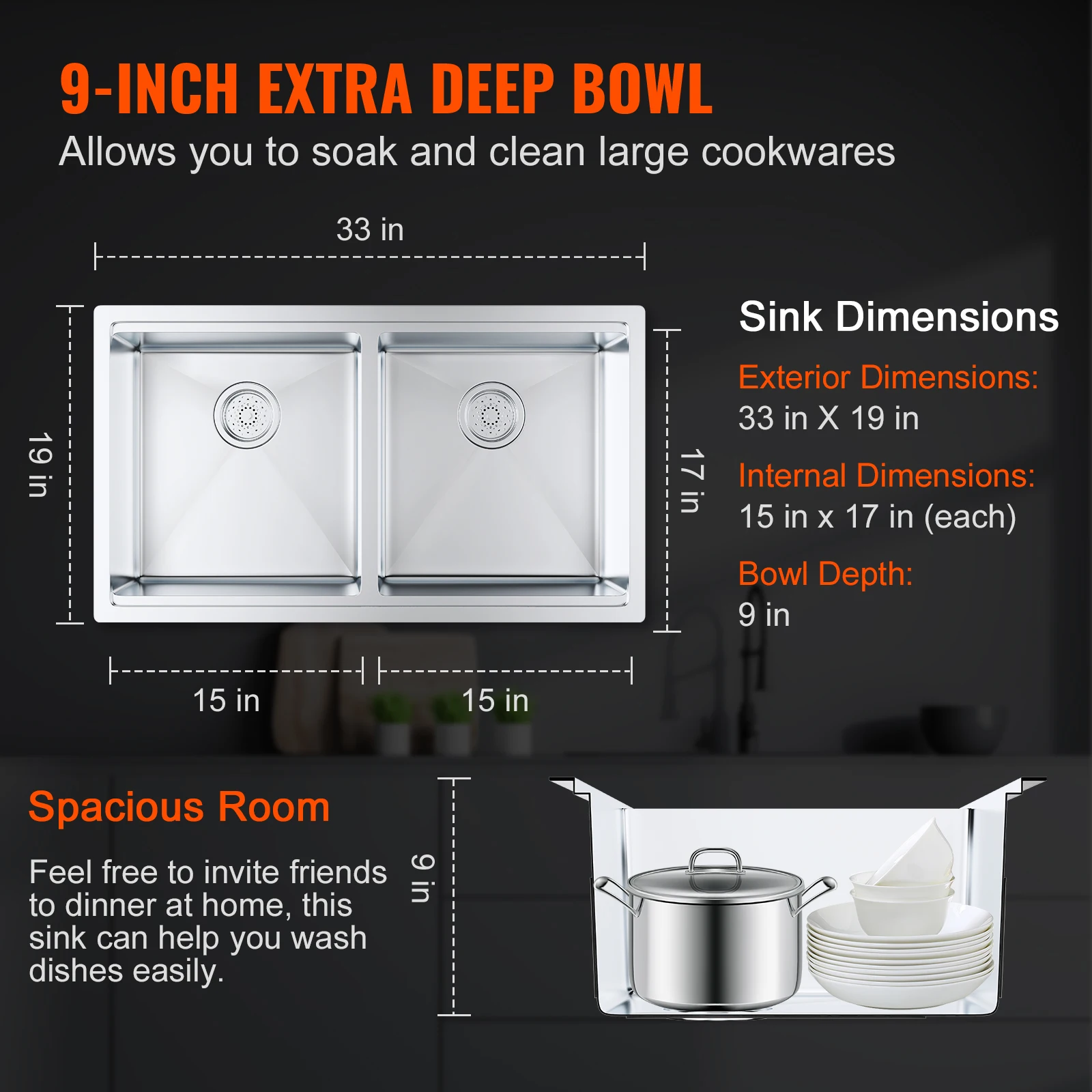 VEVOR 33inch  Kitchen Sink  Single/Double Bowl Stainless Steel Sink Workstation Step Sink with Cutting Board and Basket Strainer 3