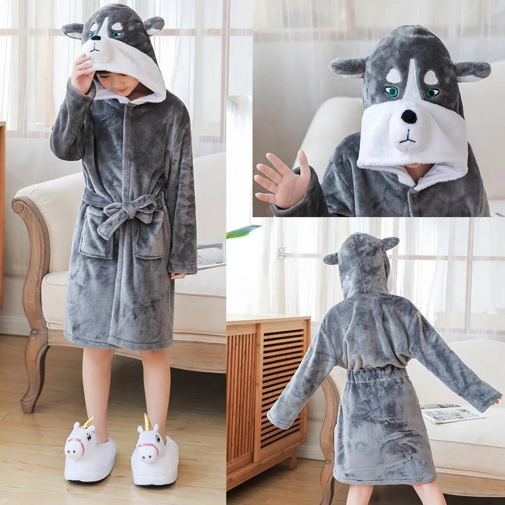 Winter Wolf Children's Bathrobe Clothing for Girls Kids Pajamas Unicorn Kigurumi Hooded Bath Robe Flannel Warm Bath Towels