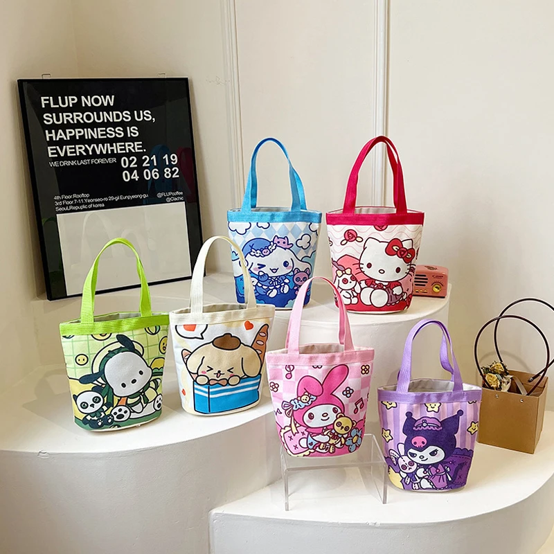 

Сумка-тоут Sanrio с милым принтом, уличная портативная холщовая саквояж на плечо с мультяшным рисунком для студентов, сумка для покупок