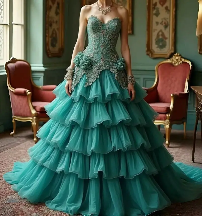 Blue Green Extravagant Dress in Victorian Era Ruffled Tiers A-Line Tulle  Vintage