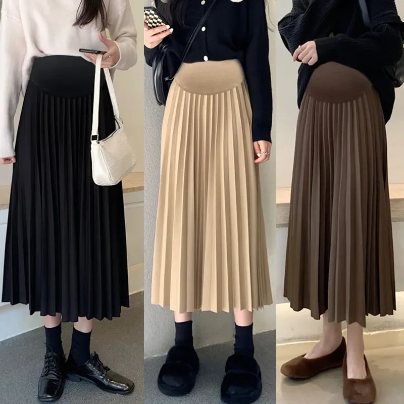 Spring Autumn Maternity Pleated Skirts High Waist Ankle-length Pregnant Woman Belly Skirt Elegant Pregnancy Maxi Skirt