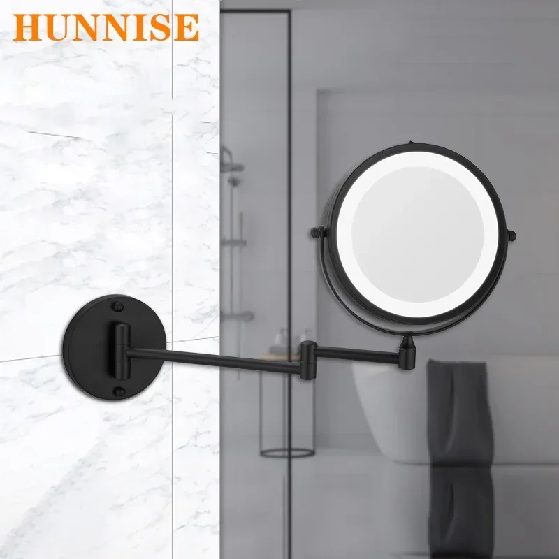 Matte Black Wall Mount กระจกห้องน้ําแว่นขยายผู้หญิง LED พับ Make-up Mirror 8 นิ้วรอบ Bath กระจก 1