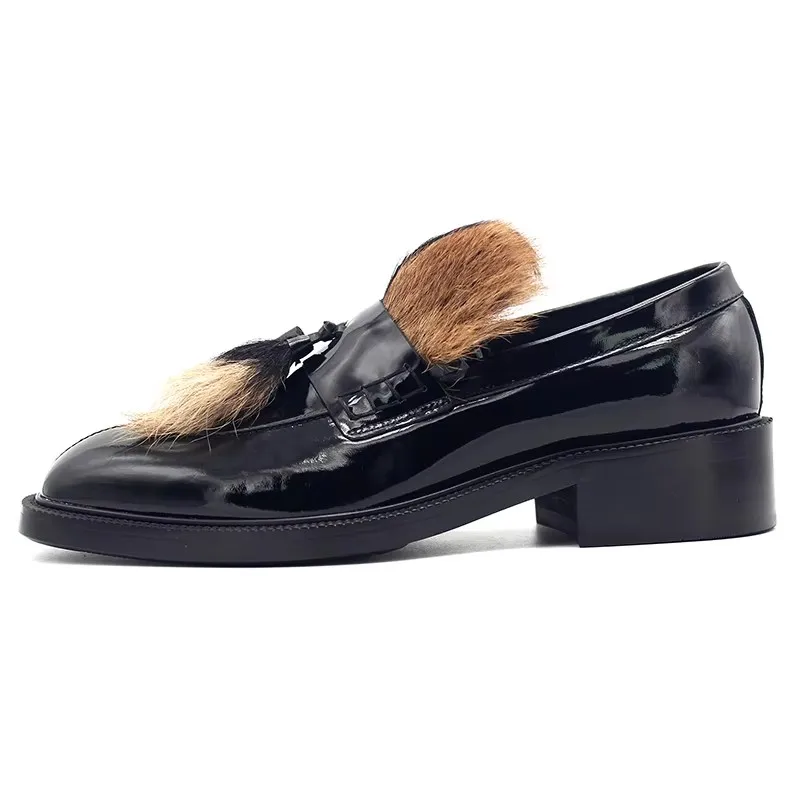 High Quality Men Dress Shoes Genuine Leather Luxury Fur Tassels Mens Business Casual Formal Shoes Black Slip-On Footwear Man