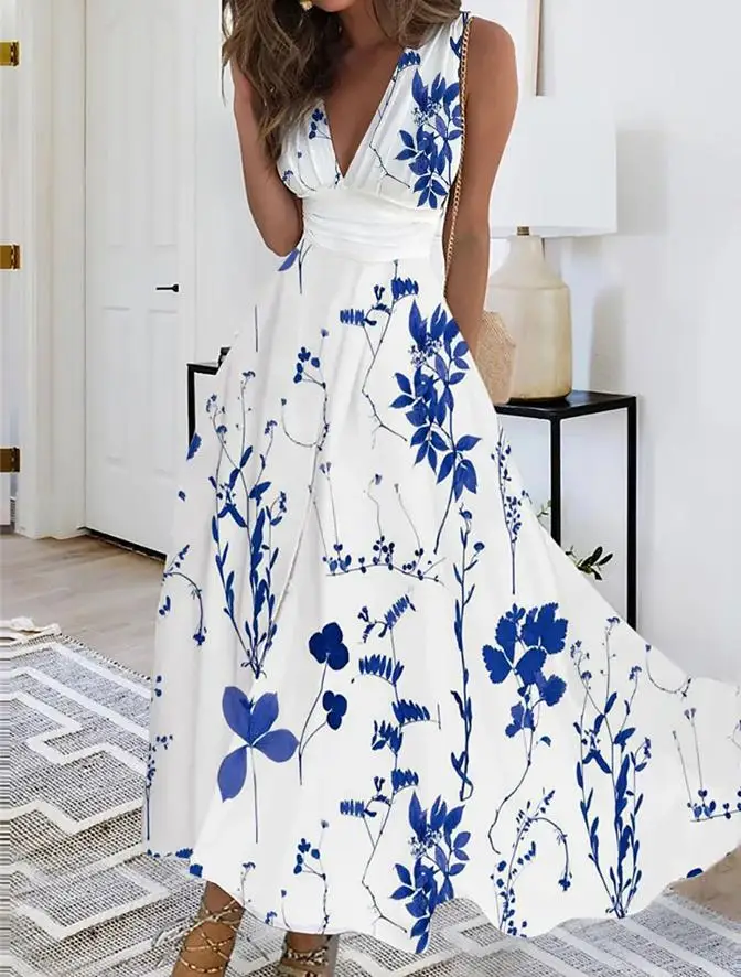 thumbnail image 1 of Vestido largo informal de verano con escote en V, sin mangas, ajustado, sexy, estampado blanco, floral, elegante, para fiestas y vacaciones, 1 of 5
