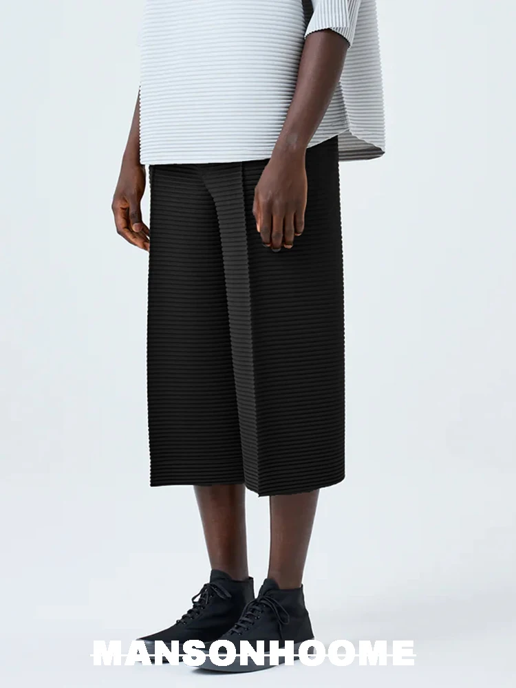 Miyake Fold Summer New Men's Pants Horizontal Grain Arc Solid Color Seven Points Wide Leg Pants