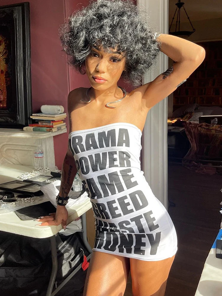 

2023 Y2K Letter Printed White Hip Dress Women Summer Fashion Strapless Sexy Midnight Mini Dresses Stretch Skinny Party Clubwear