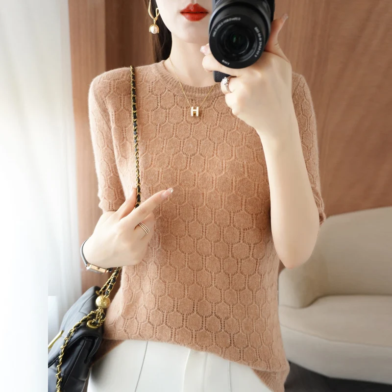 

100% wool sweater women's short-sleeved spring and autumn round neck sweater thin loose bottoming sweater