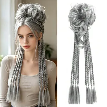 Chignon sintetico Y2K con trecce, elastico e disordinato, per capelli ricci, elastico per capelli, accessori per capelli finti, forcine per capelli da donna, nero e marrone