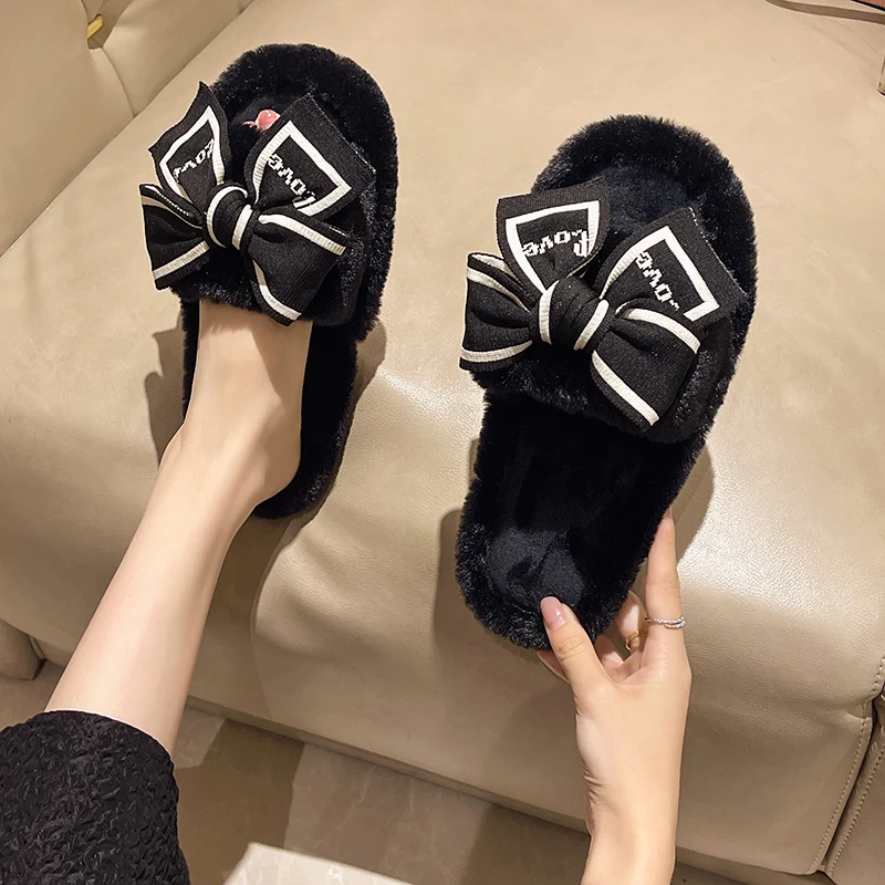Women's Fuzzy Winter House Slippers With Bow Platform_voghion.com