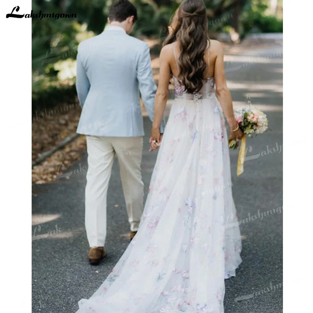 Spaghetti Straps Bohemian Boho Beach Wedding Dress Print Flower Bridal Dress Vestidos De Renda Wedding Gown 2