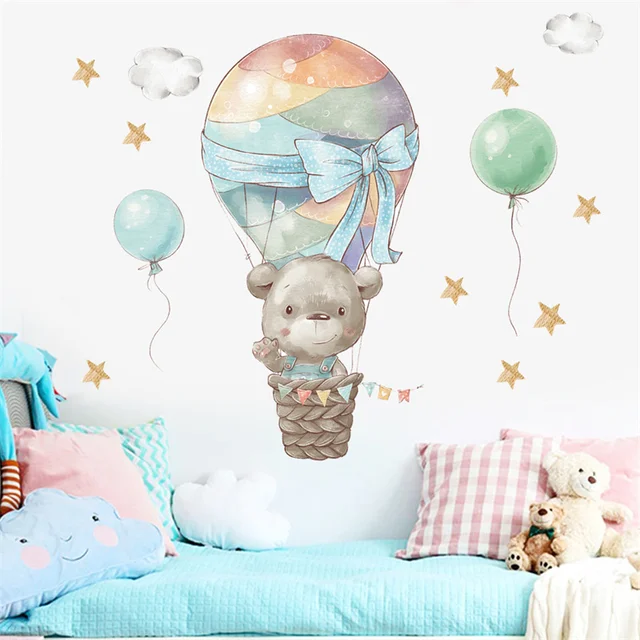 Rajzfilm Medve Hőlégballon Háttérkép Aranyos Lány Táncfal Matrica Csecsemő Óvoda Dekorációs Csillagok És Felhők - Image 3