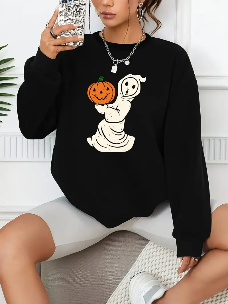 Halloween Cute Ghost & Pumpkins Print Pullover Casual Loose Fashion Long-Sleeved Sweatshirt Solid Color Women's Clothing vbgf pumpkins maskes pumpkins galaxy pumpkins laptop skin pumpkins stuff pumpkins youtube pumpkins long sleeve pumpkins x1 apron