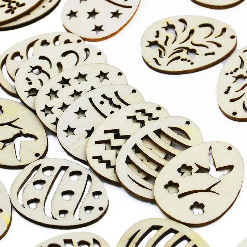 (50pcs/pack) 37*28mm Handmade Easter Wooden Egg Hollow Pendant Ornament Wall Sticker Holiday Romantic And Artistic Celebration