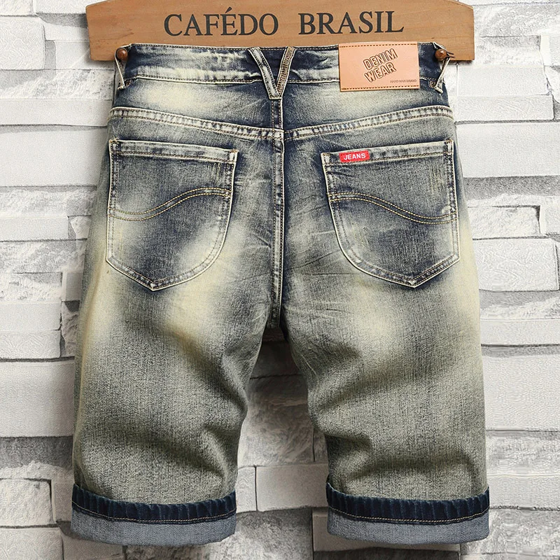 2024 New Retro Biker's Denim Shorts Men's Summer Slim Straight Street Fashion Casual Distressed Cropped Pants