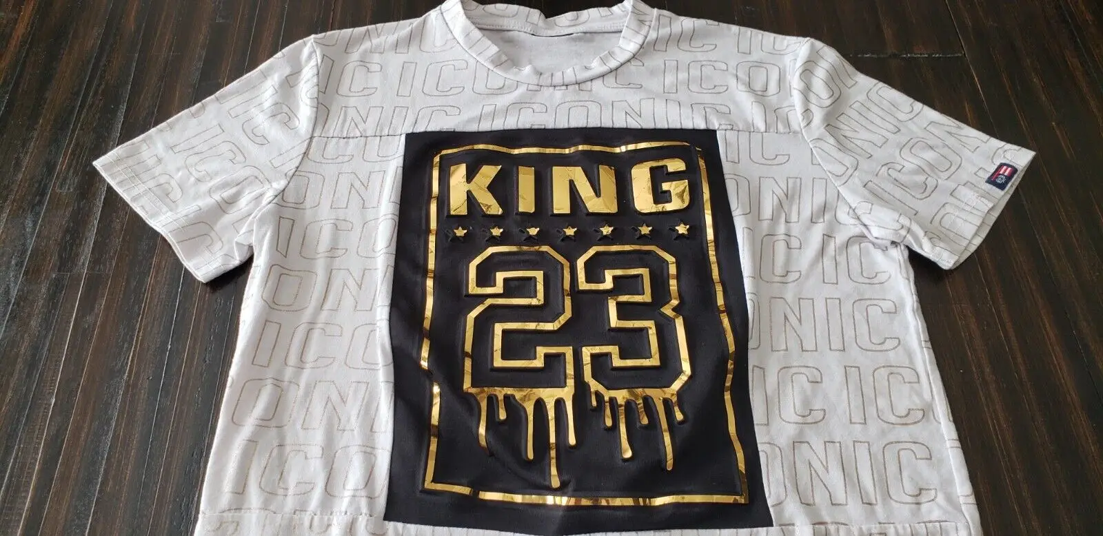 Phat Farm Iconic Shirt Mens King 23 Size Medium White Gold Unique Spell Out Euc Maniche Lunghe