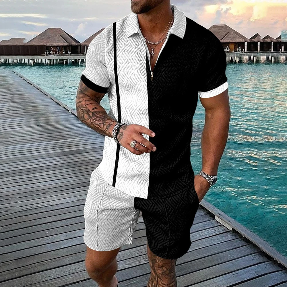 

2-Piece Set Mens Summer Outfit Short Sleeve Zip Short Sleeve Shirts And Shorts Sweatsuit Set Casual Tracksuit Jogging Sport Sets